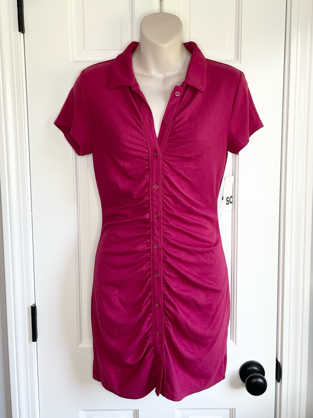 SO Button-Front Ruched Polo Dress - Magenta